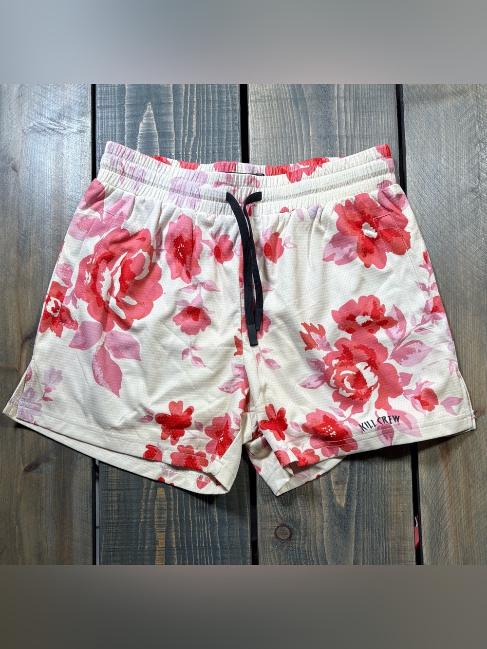 Kill Crew Floral Drawstring Athletic Shorts - Cream with Red Pink Blooms